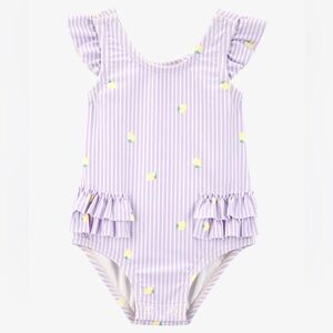 Baby Girl 1-Piece Striped Lemon Ruffle Swimsuit - Purple
